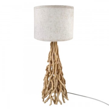 Lampe pied en bois flotté avec abat jour blanc