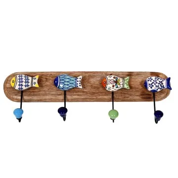 Patère en bois de manguier et céramique 4 crochets forme petit poisson