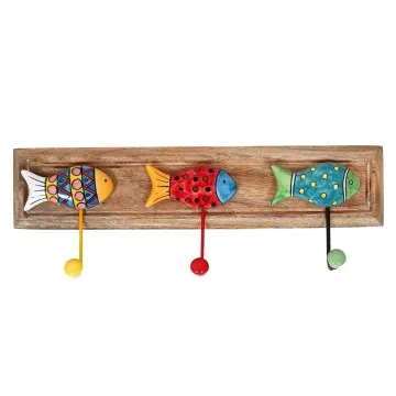 Patère en bois de manguier et céramique 3 crochets forme gros poisson