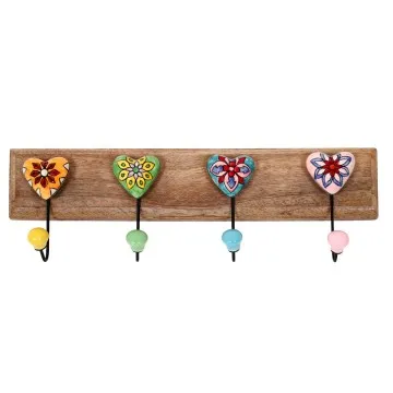 Patère en bois de manguier et céramique 4 crochets forme petit coeur