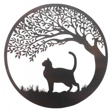 Décoration murale en métal noir chat sous un arbre diamètre 60cm