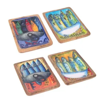 Petit plateau en bois de manguier et résine motif sardines 4 différents