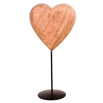 Grand coeur en bois de manguier sur socle métal