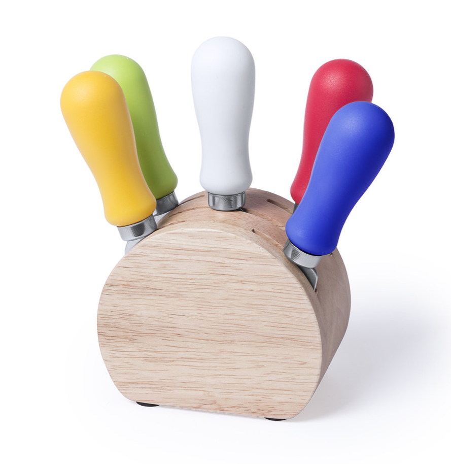 [M 5561] Set couteaux à fromage support en bambou et manche en couleur