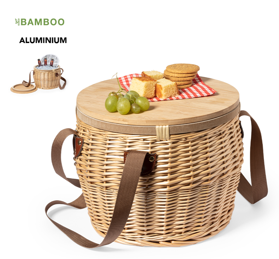 Panier en osier rond glacière avec table en bambou
