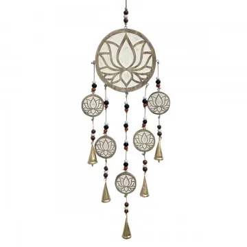 Pendant fleur de lotus bois cérusé perles et clochettes