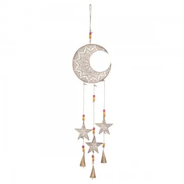 Pendant lune étoiles bois cérusé perles et clochettes