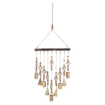 Pendant petits coeurs bois cérusé perles et clochettes dorées