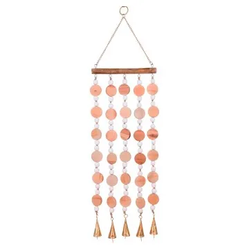 Pendant rond en bois perles et clochettes dorées
