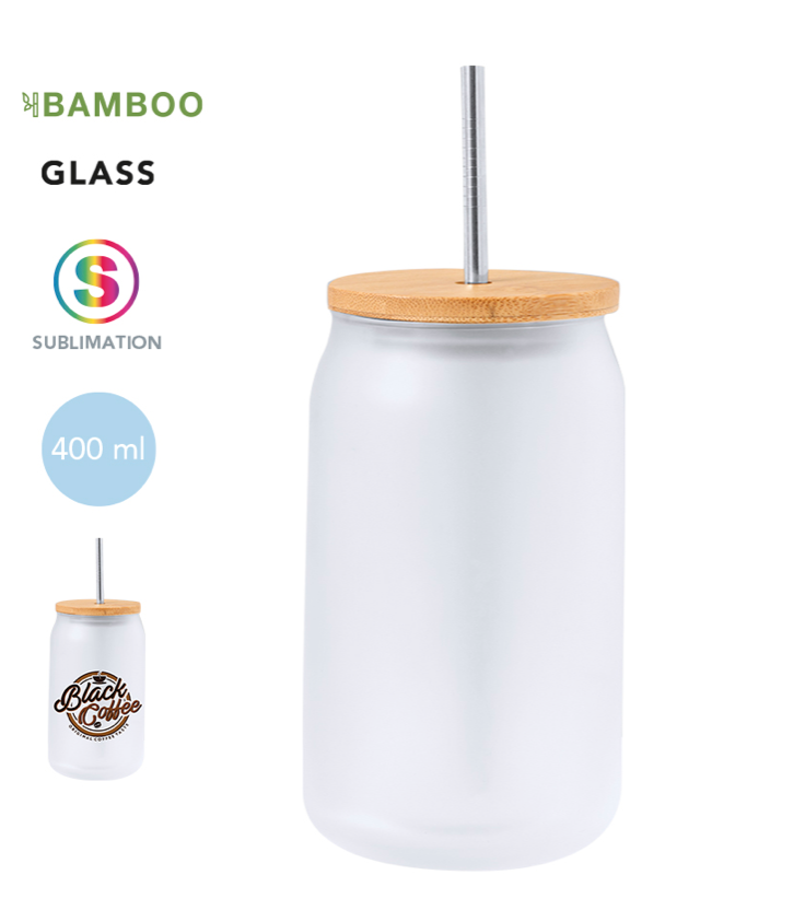 Verre givré avec paille inox et bouchon bambou avec, impression couleur au choix