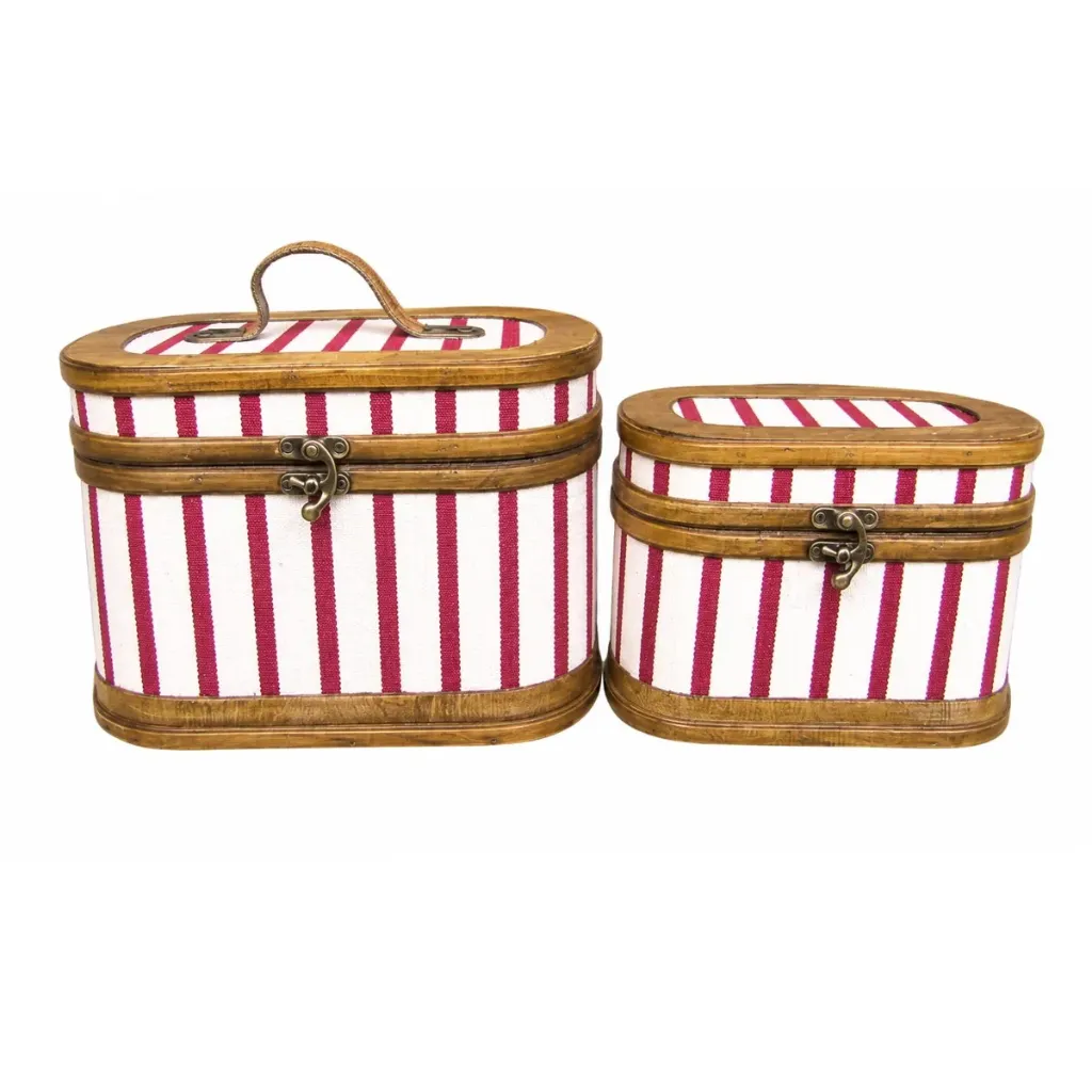 Valise bois et tissu rouge rayé petit modèle