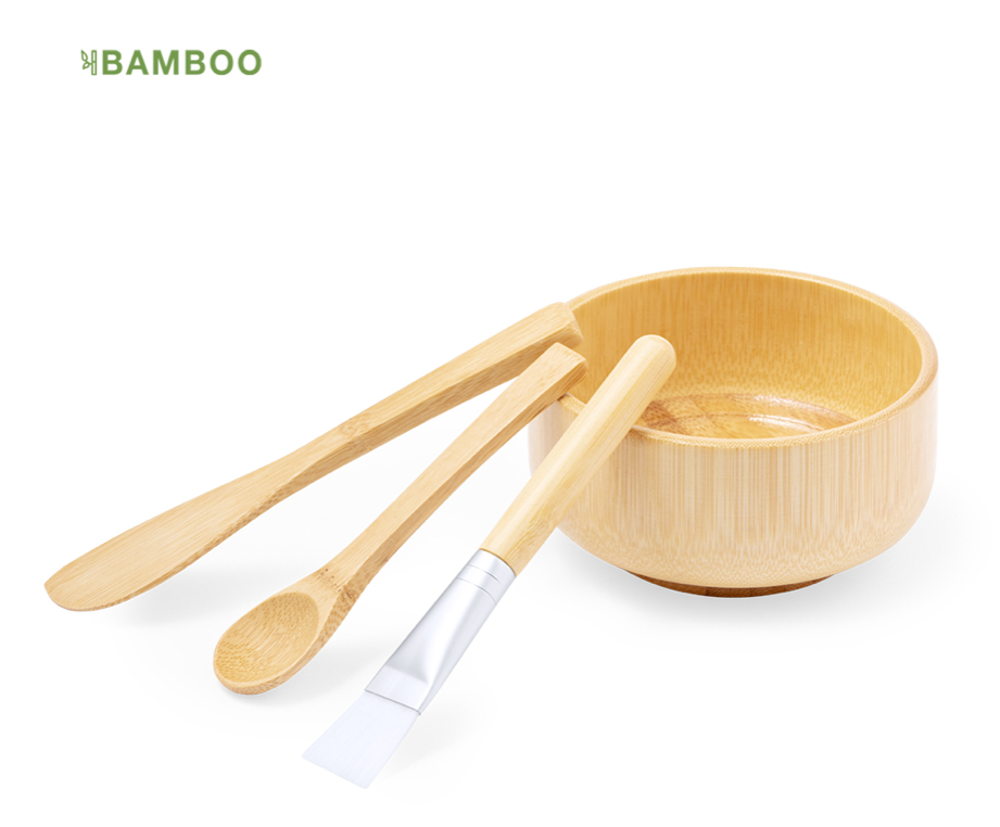 [M 20565] Bol en bambou pour soin du visage avec pinceau spatule et cuillère
