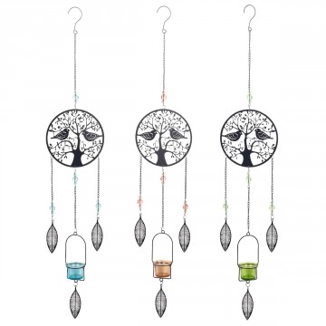 SUSPENSION MURALE ARBRE DE VIE ET OISEAUX AVEC PHOTOPHORE EN VERRE COULEUR ALEATOIRE