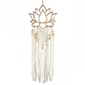 Décoration murale en bois de manguier cérusé blanc motif fleur de lotus et macramé
