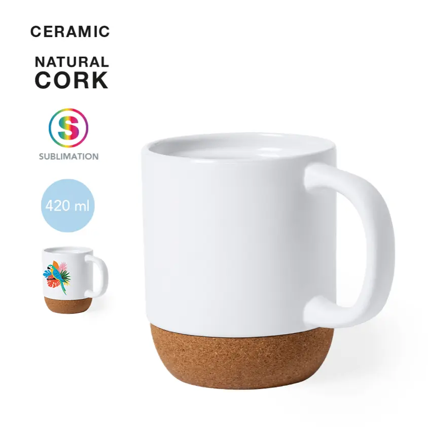 Tasse blanc mat 420 ml avec base liège avec impression couleur au choix