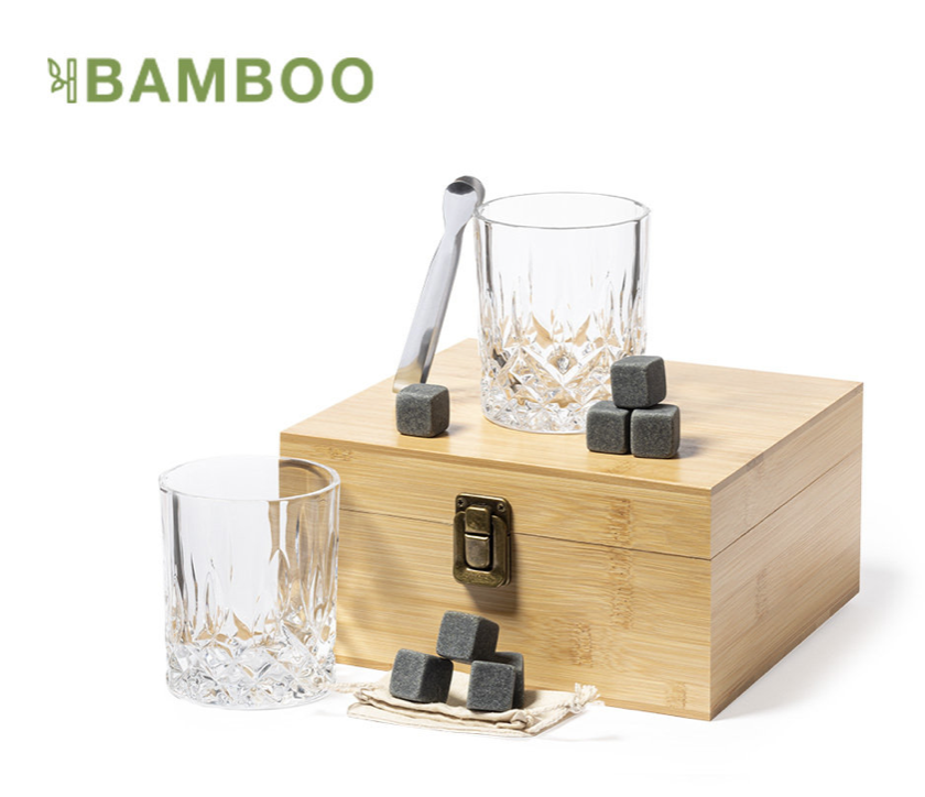 Coffret whisky 2 verres pince et glaçons en pierre en bambou avec impression couleur au choix