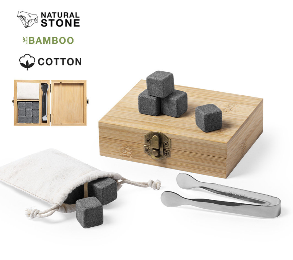 Set coffret glaçon en pierre pince et boite bambou avec impression en couleur au choix