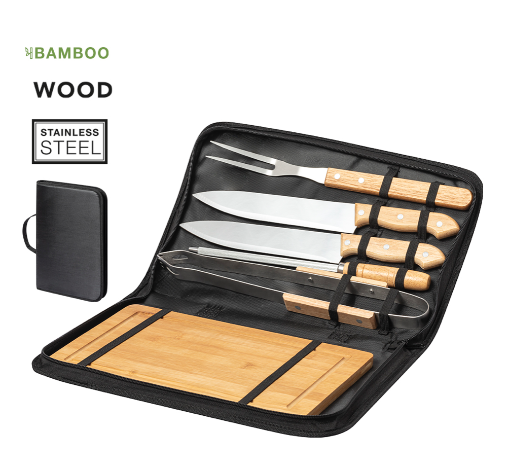 [M 1112] Set couteaux à barbecue manche en bois avec planche à découper et pochette zippée