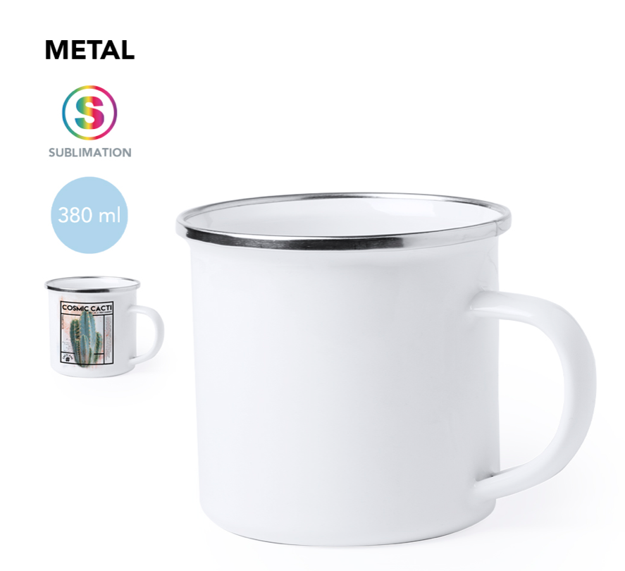 TASSE 250 ML BLANC EMAIL AVEC COLLERETTE ARGENT A PERSONNALISER EN IMPRESSION