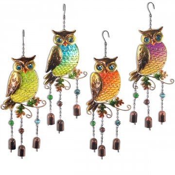 [SG 44916] Décoration murale en métal et verre motif hibou avec clochettes
