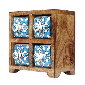 [SG 32920] Petit meuble en bois de manguier 4 tiroirs en céramique