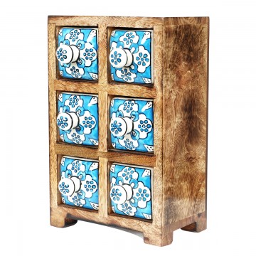 [SG 32921] Petit meuble en bois de manguier 6 tiroirs en céramique