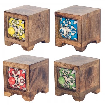 [SG 32925] Petit meuble en bois de manguier 1 tiroir en céramique