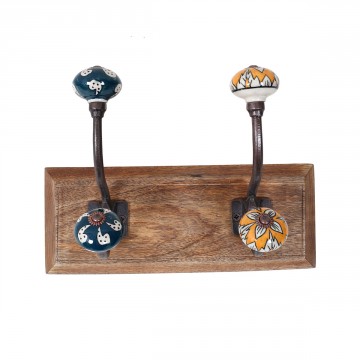 [SG 30549] Patère 2 crochets bouton en céramique support en bois de manguier et métal