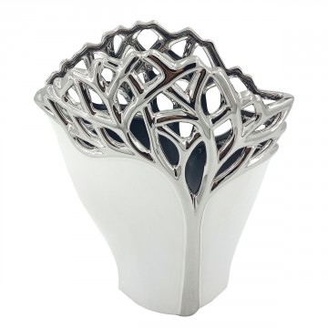 VASE ARBRE DE VIE GRAND EN CERAMIQUE BLANC ET ARGENT PETIT MODELE