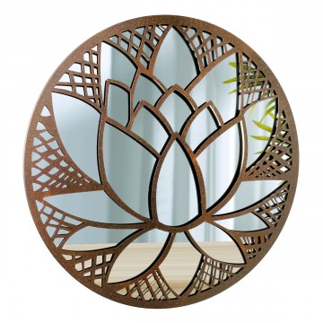 Décoration murale en métal noir et marron avec miroir en fond fleur de lotus diamètre 30cm