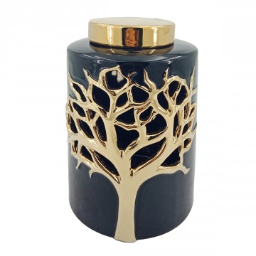 VASE ARBRE DE VIE EN CERAMIQUE NOIR ET OR AVEC BOUCHON OR