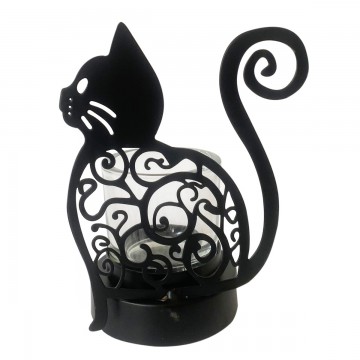 Photophore chat assis en metal noir et bougeoir en verre
