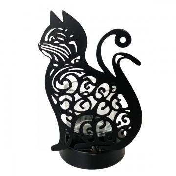 [SG 34866] Photophore chat en metal noir et bougeoir en verre