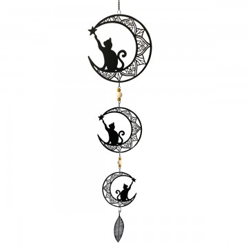SUSPENSION MURALE CHAT ET LUNE EN METAL NOIR