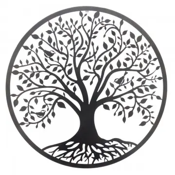 [SG 36070] Décoration murale en métal noir diamètre 100 cm Arbre de vie avec petits oiseaux