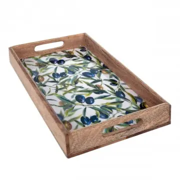 [SG 25182] Plateau rectangulaire avec poignées en bois de manguier et résine motif olive