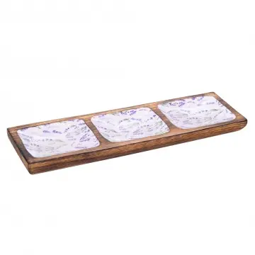 Plateau rectangulaire 3 compartiments en bois de manguier et résine motif lavande