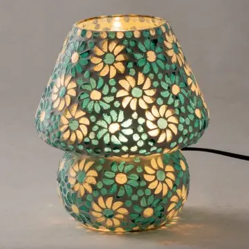 Lampe mosaïque couleur bleue motif petites fleurs forme champignon moyen modèle