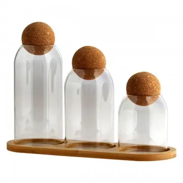 [SG 33793] Set 3 bouteilles en verre avec bouchon liège et support bambou