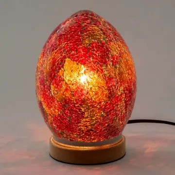 [SG 34495] Lampe en verre éclaté forme oeuf de couleur rouge sur base en bois petit modèle
