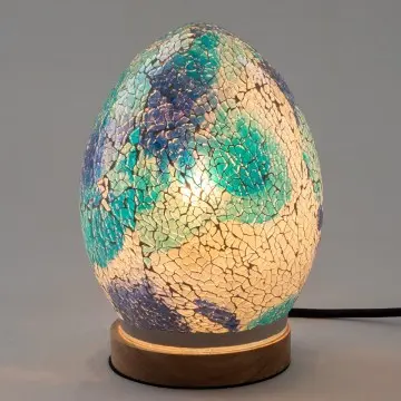 [SG 34500] Lampe verre éclaté bleu forme oeuf socle en bois petit modèle