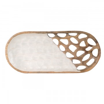 [SG 32752] Plateau en bois de manguier ovale ajouré et résine nacre blanc petit modèle