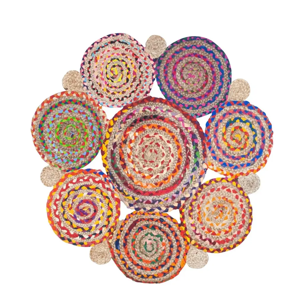 Tapis rond diamètre 90cm multicolore coton et jonc de mer