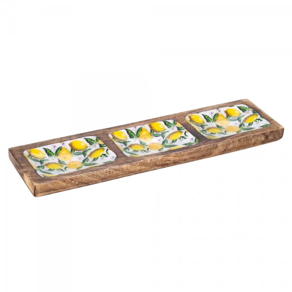 [SG 30399] Plat rectangulaire en bois de manguier 3 compartiments motif citron