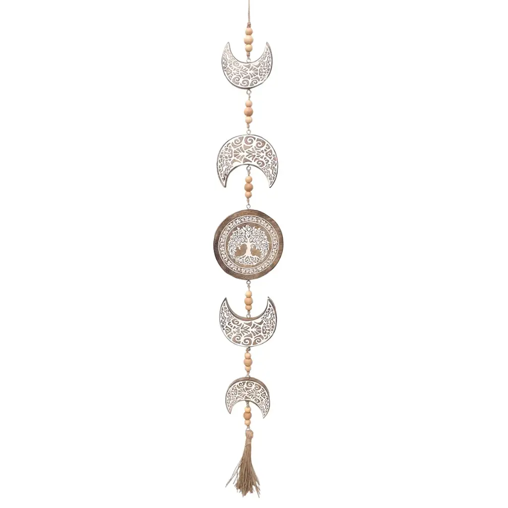[SG 32627] Décoration murale en bois de manguier cérusé blanc arbre de vie et lunes