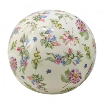 Boule en céramique blanche émaillée motif fleurs rose et mauve et feuillage grand modèle