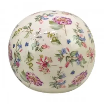 Boule en céramique blanche émaillée motif fleurs rose et mauve et feuillage petit modèle