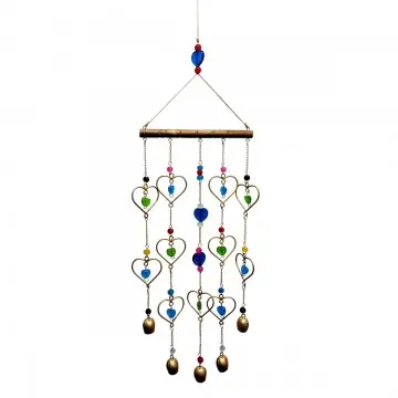 SUSPENSION MURALE EN METAL DORE COEUR ET CLOCHETTE AINSI QUE DES PERLES DE COULEURS