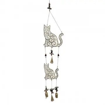 Décoration murale en bois de manguier cérusé blanc motif chat et clochettes doré