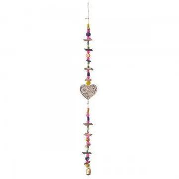 [SG 37090] Décoration murale en bois de manguier cérusé blanc motif coeur, perles et clochettes dorées